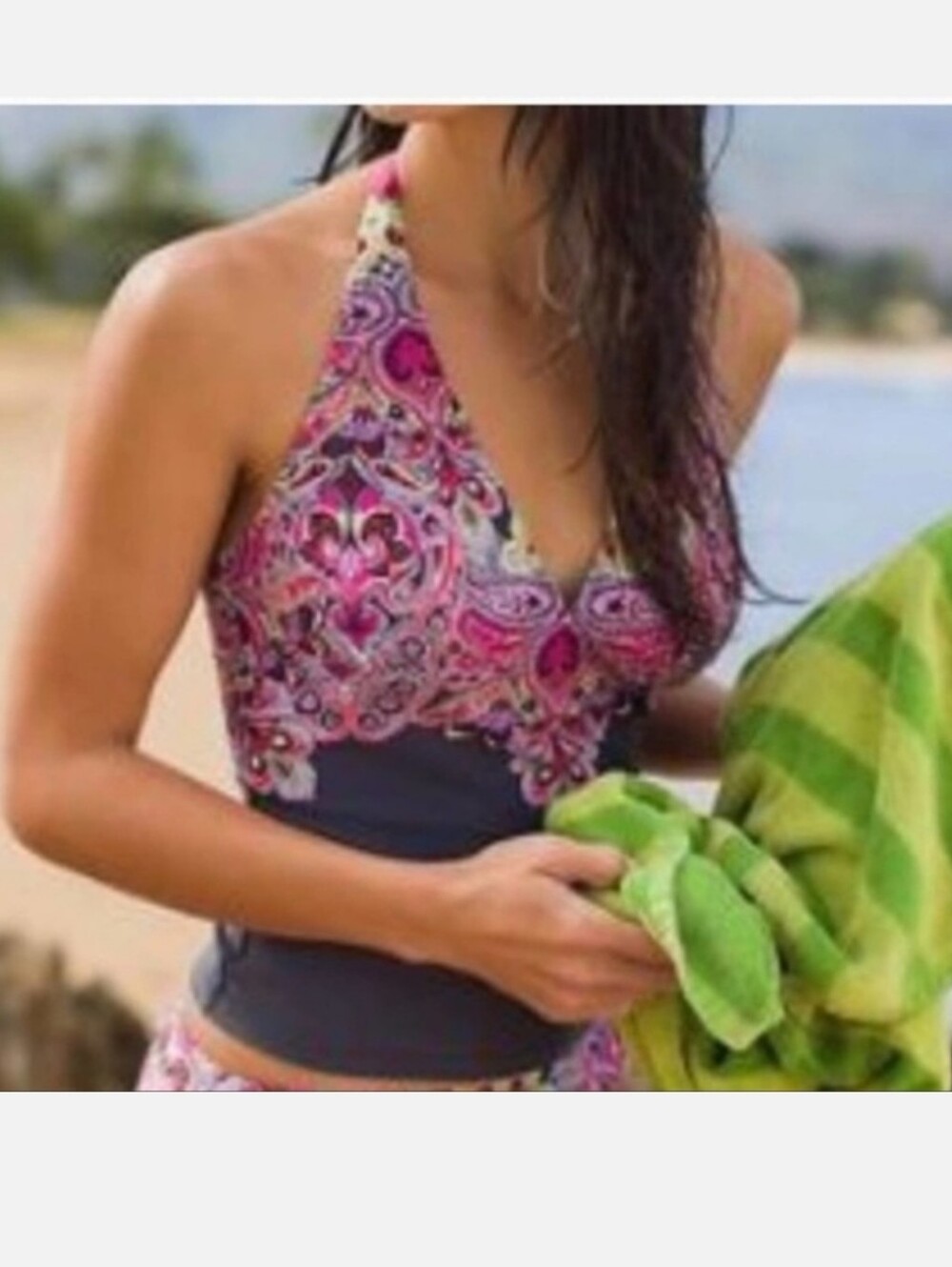 Athleta Halter Tankini Top Size Medium Gray Pink Paisley Floral